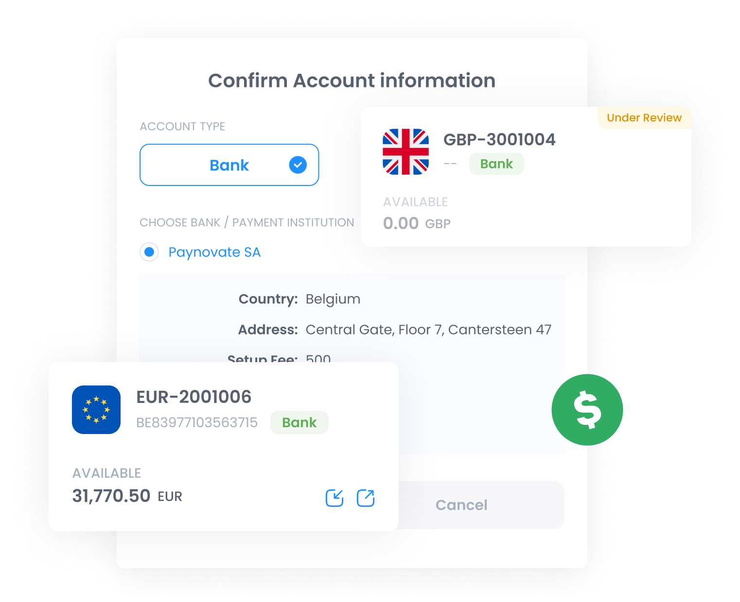 Business account dashboard with SWIFT, SEPA, and ACH options.