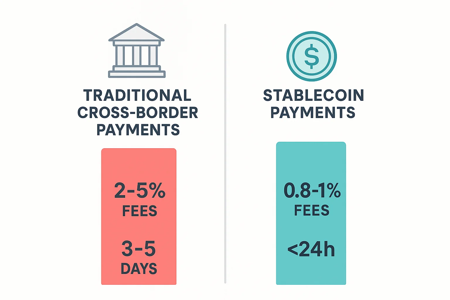  Bar chart comparing fees and settlement time: traditional vs stablecoin payments 