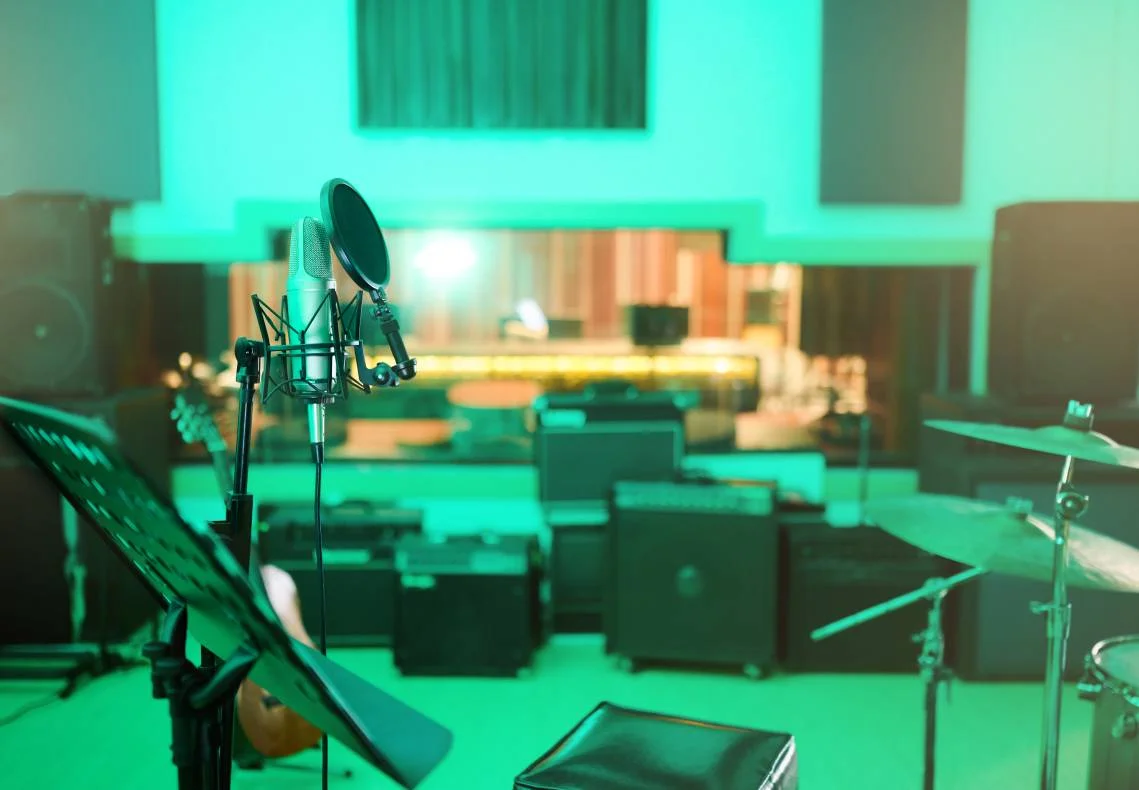  Music, recording studio and interior with instruments for creative, musician 
