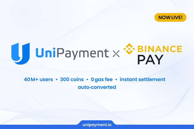 UniPayment integrates Binance Pay: Accept crypto payments with zero gas fees and instant settlement, reaching over 40 million users.