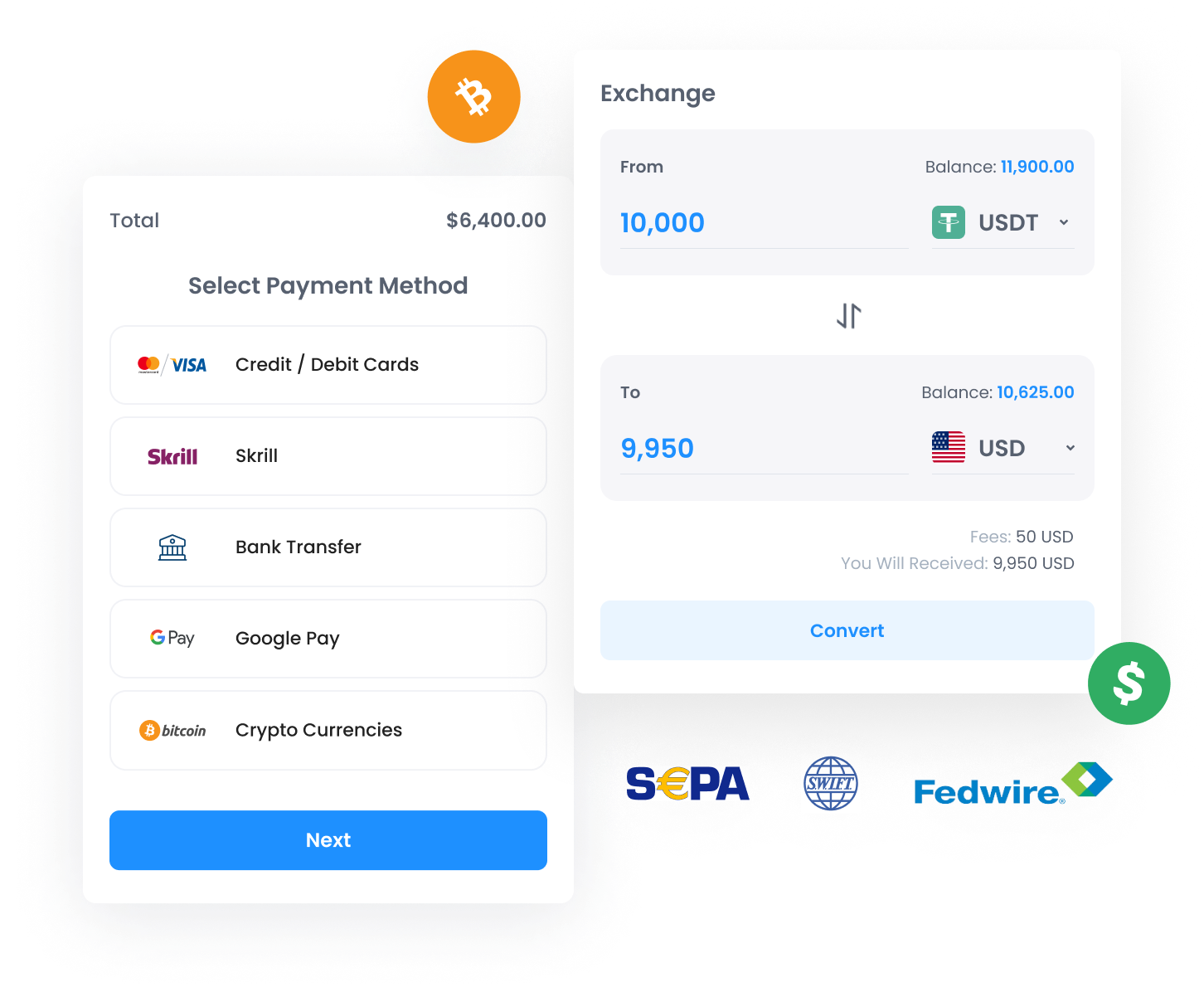 Crypto and fiat conversion platform supporting credit cards, bank transfers, and global payment networks like SEPA and Fedwire.