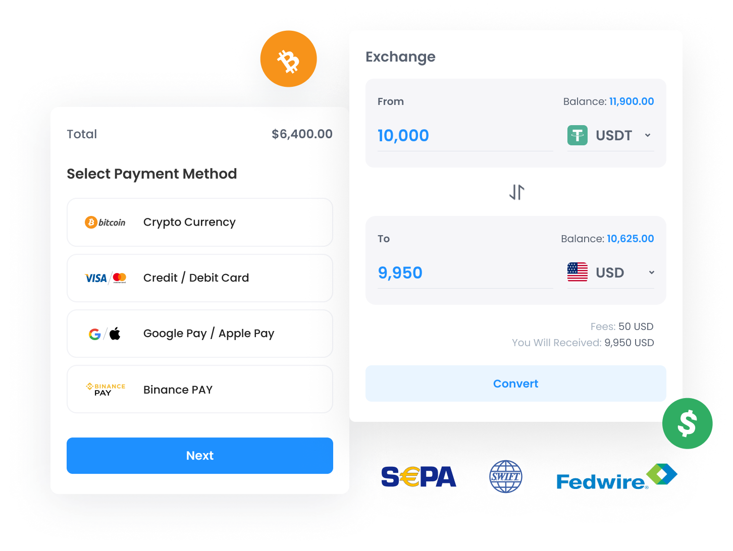 Crypto and fiat conversion platform supporting credit cards, bank transfers, and global payment networks like SEPA and Fedwire.