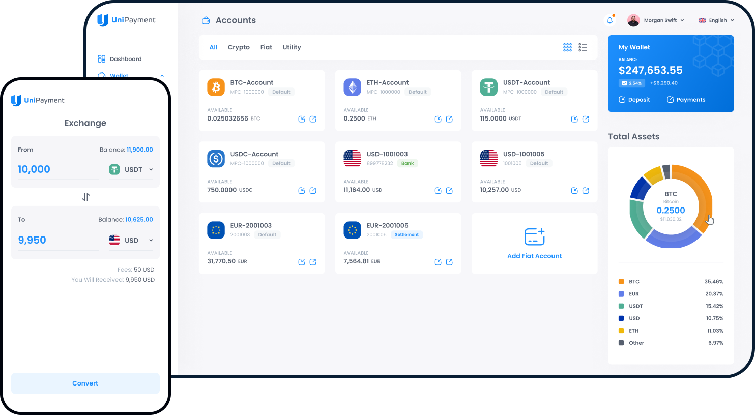 On/Off Ramp dashboard displaying crypto and fiat transactions