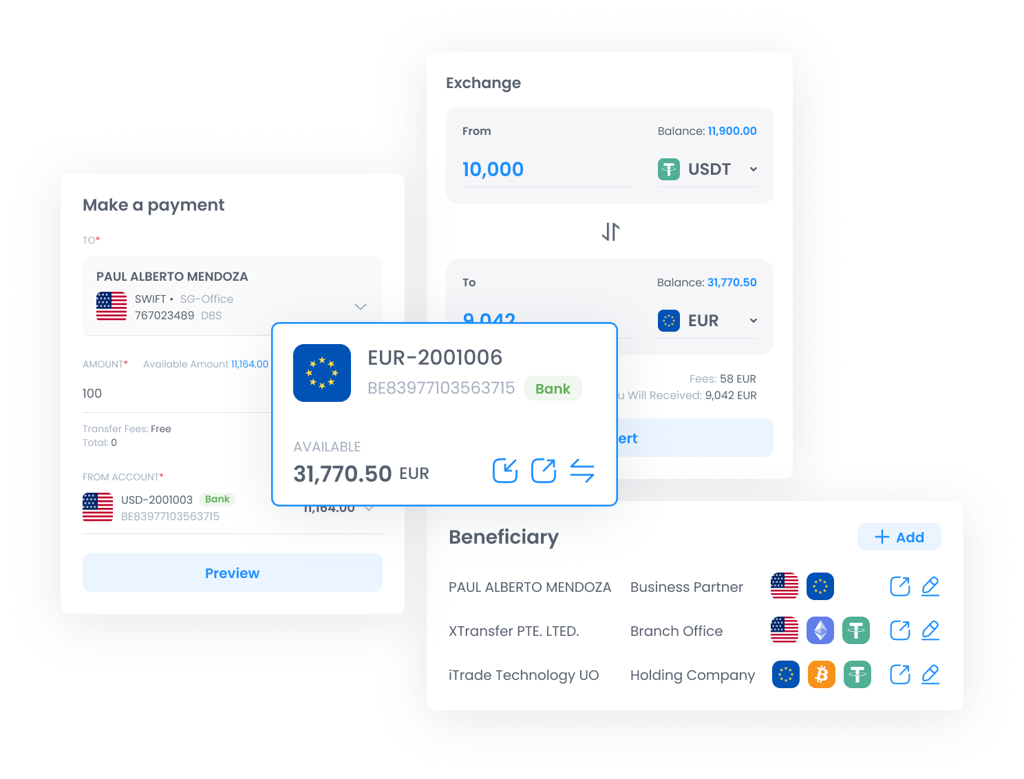 Multi-currency wallet platform supporting crypto and fiat transactions, IBAN access, and global business accounts.