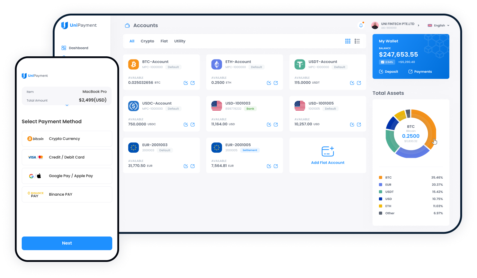 UniPayment gateway platform dashboard and mobile checkout—multi-currency, multi-channel payments with easy integration and secure management.