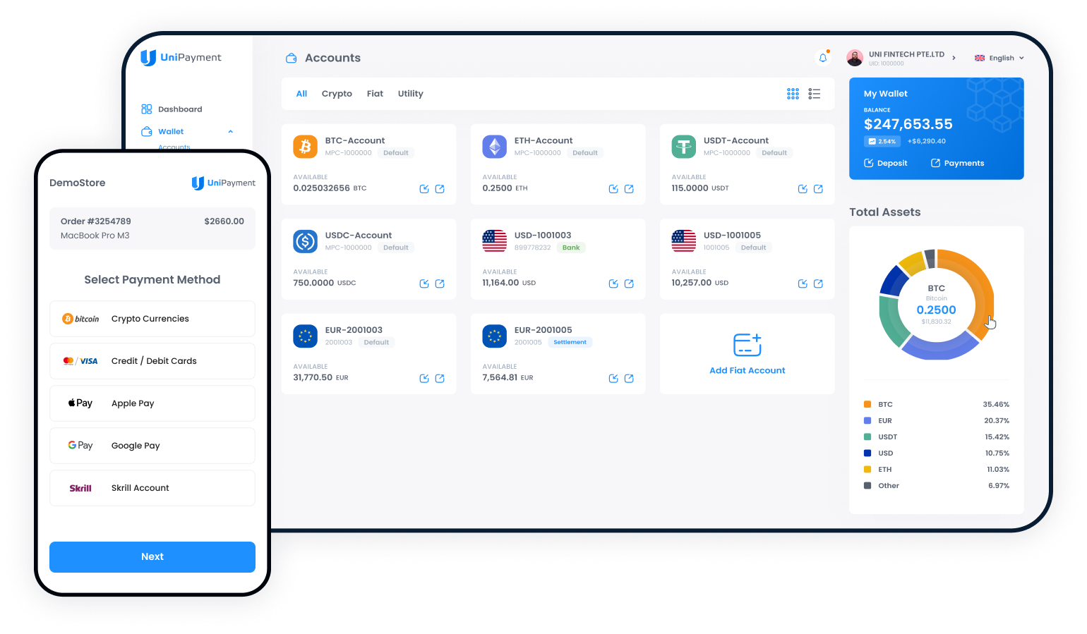 UniPayment gateway platform dashboard and mobile checkout—multi-currency, multi-channel payments with easy integration and secure management.